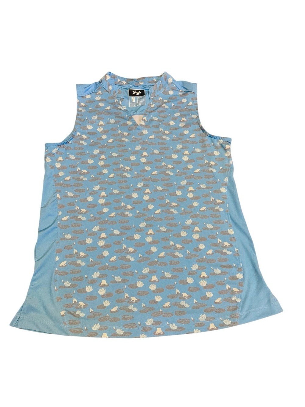 Waggle Golf Womens Sleeveless Polo Shirt Medium Blue Frog Water Lily Print